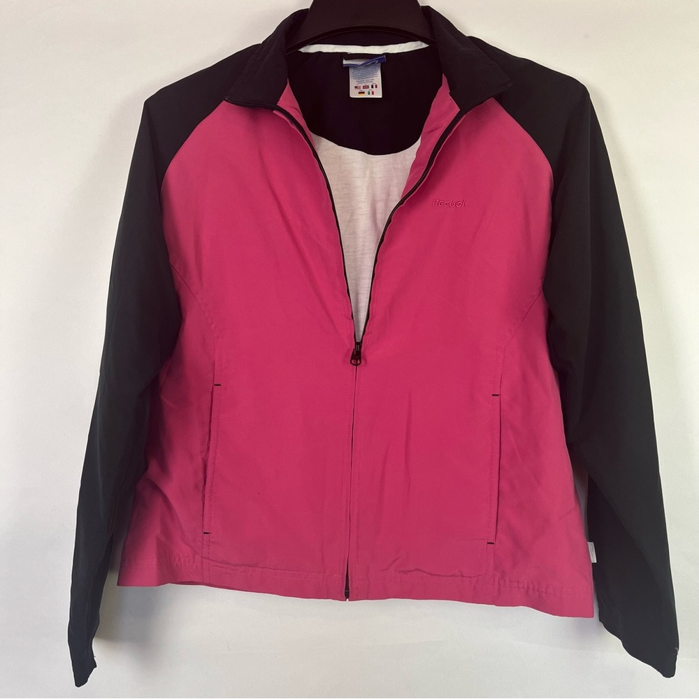 Reebok Women's Pink Jacket Y2K Retro 90s  White Stripe Sleeve Zipper Size Small